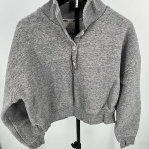 MWL Gray Collared Button Front Cropped Fleece Sweatshirt M Organic Cotton